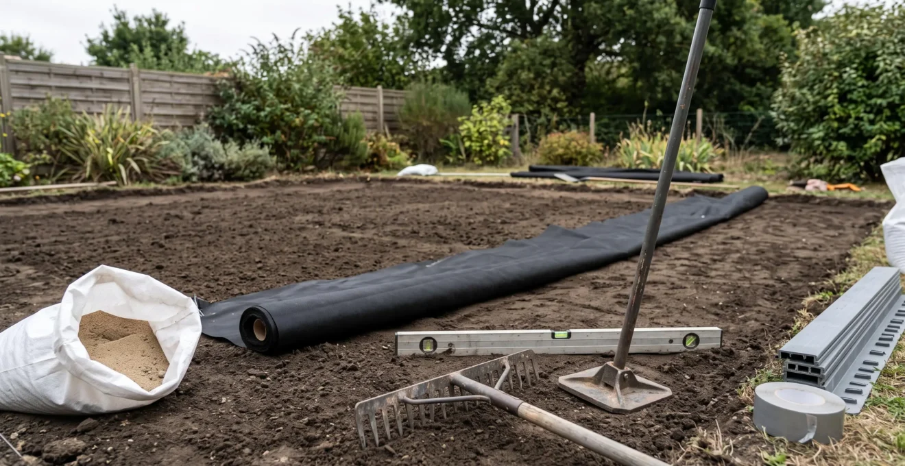 Chantier de préparation du sol pour installation de gazon synthétique montrant géotextile déroulé, outils de nivellement et matériaux accessoires (sable, bordures) sur terrain résidentiel français