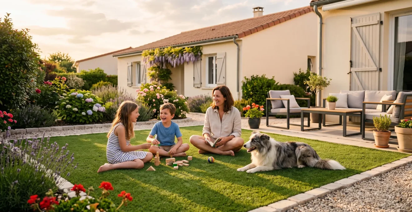 Jardin résidentiel français avec gazon synthétique nouvellement installé, famille avec deux enfants et un chien utilisant naturellement l'espace extérieur par une fin d'après-midi ensoleillée