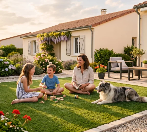 Jardin résidentiel français avec gazon synthétique nouvellement installé, famille avec deux enfants et un chien utilisant naturellement l'espace extérieur par une fin d'après-midi ensoleillée