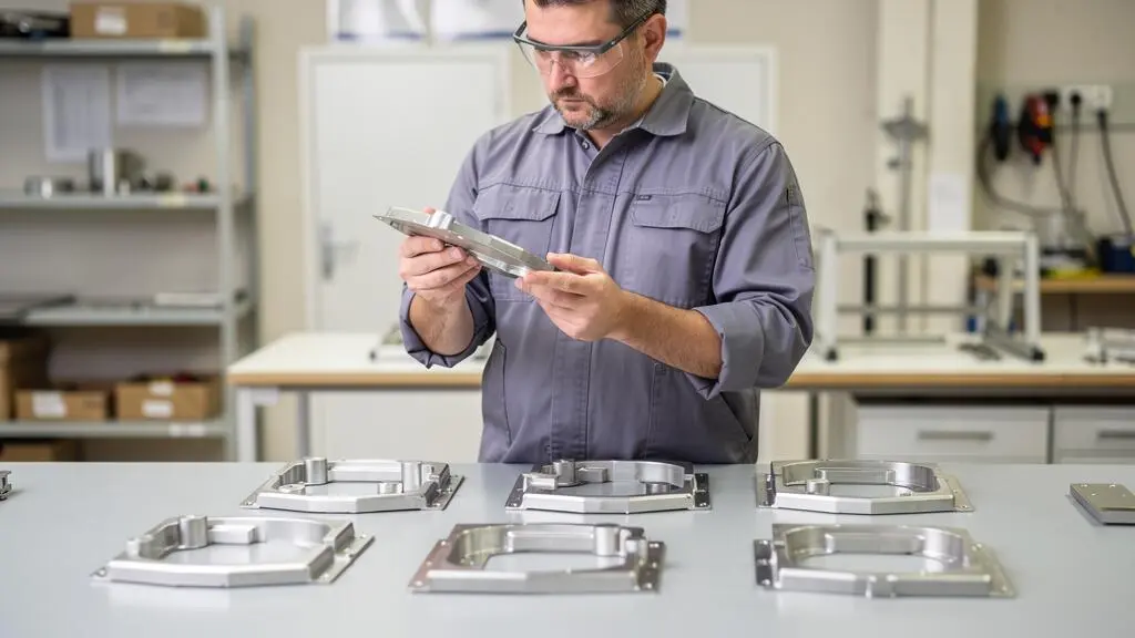 Technicien de contrôle qualité inspectant des assemblages métalliques soudés au laser sur un établi dans un atelier
