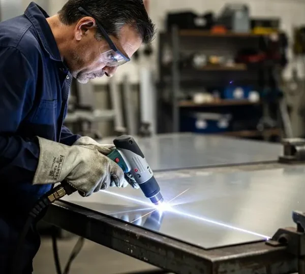 Soudeur professionnel utilisant un système de soudage laser portable sur une tôle d'acier inoxydable dans un atelier de métallerie