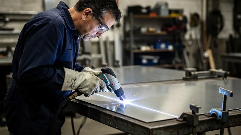 Soudeur professionnel utilisant un système de soudage laser portable sur une tôle d'acier inoxydable dans un atelier de métallerie